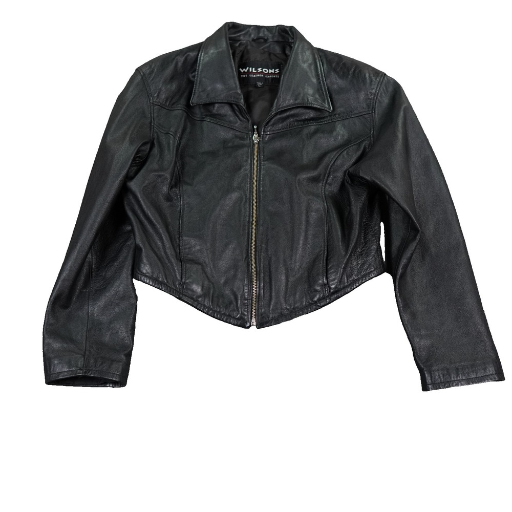 Wilsons Leather Jacket Womens Large Black Cropped Moto Biker Punk Y2K VTG